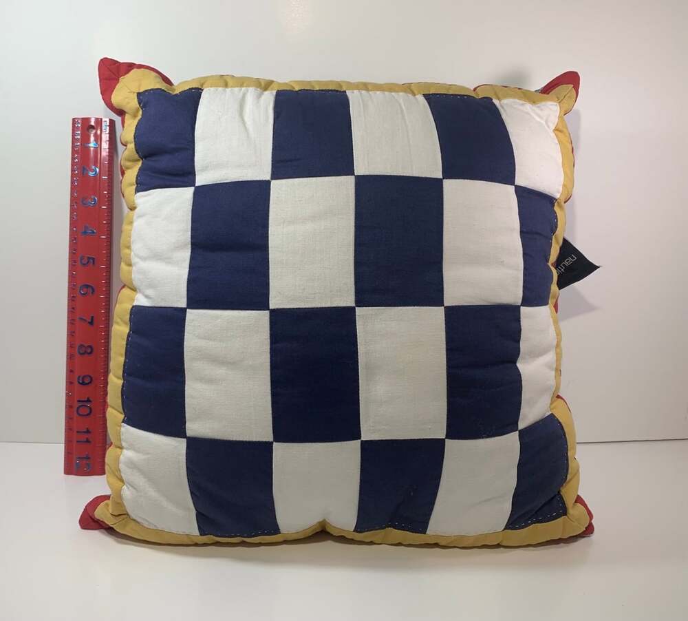 Nautica White and Blue checkered throw pillow yellow /red border 16x16”